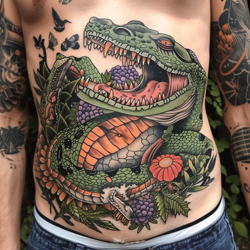 Whimsical and fantastical stomach tattoos in the style of David Palumbo