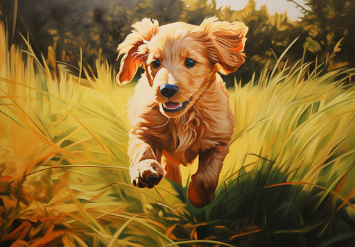 Puppy running in green grass field, light red and light gold style