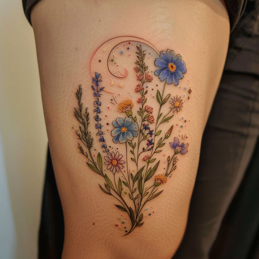 Wildflower tattoo with crescent moon, night sky elements, soft blues and purples
