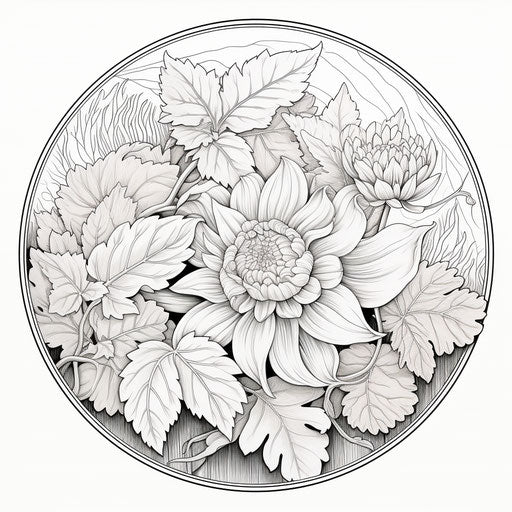 Pumpkin flower and leaves in a circle coloring page