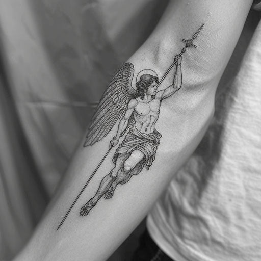 Minimalist line art of Saint Michael in black ink on white background