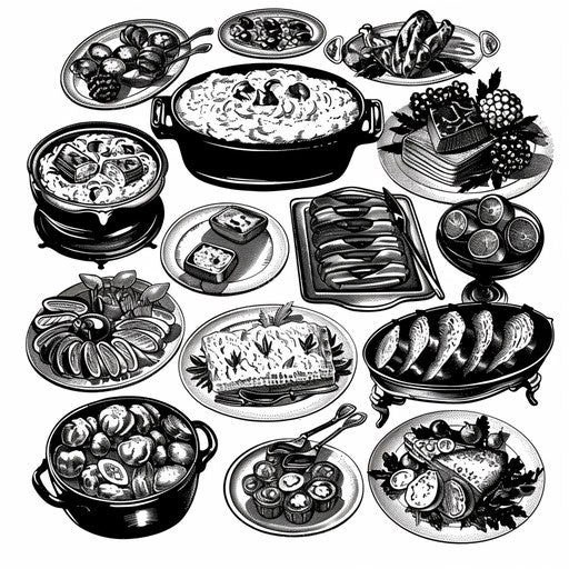 Vintage-inspired potluck clipart in black and white