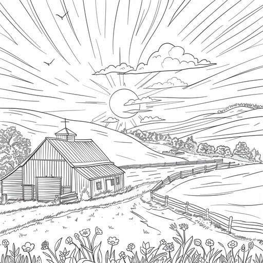 Sunrise over tranquil countryside with barn and fields. Coloring page