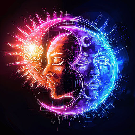 Futuristic tattoo sketch of a sun and moon in digital pixel art style, neon colors