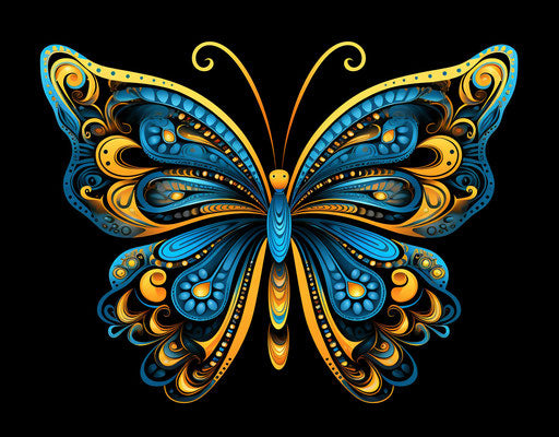 Black and blue butterfly tattoo design, sky-blue and yellow style
