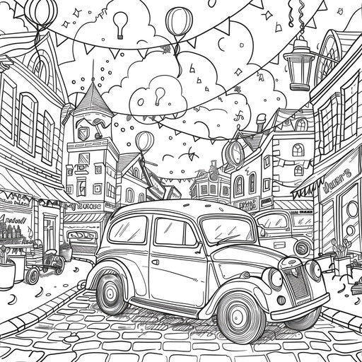 The festive car in a parade with balloons and streamers