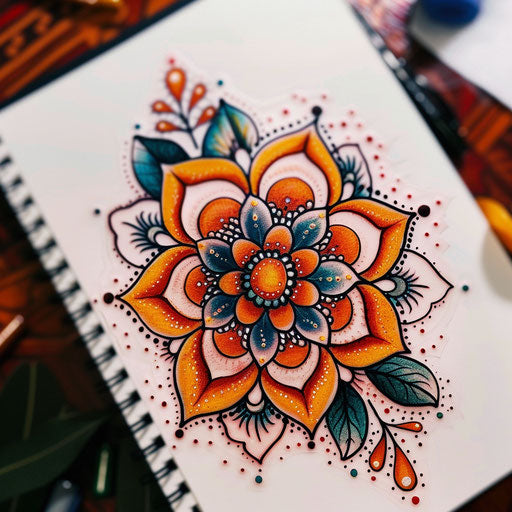 Vibrant flat tattoo sketch of a floral pattern with dots forming petals