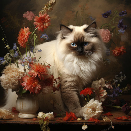 Birman cat playing with flowers