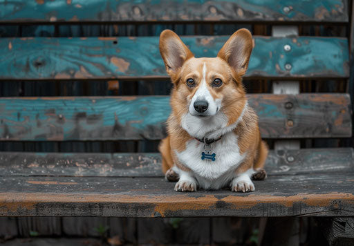Popular big white corgis sitting on bench outdoors