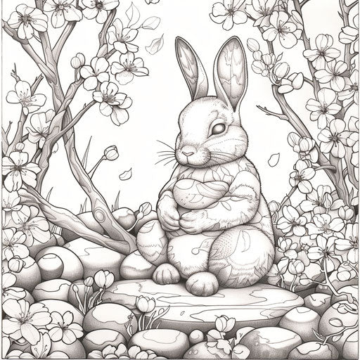 Zen garden with Easter bunny meditating among cherry blossoms