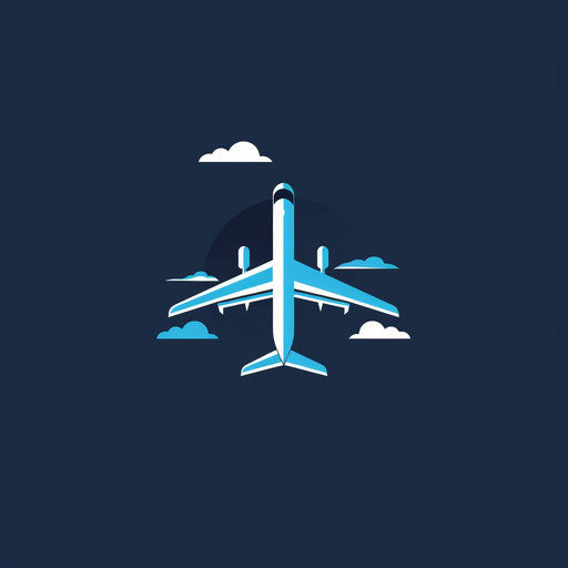 Bold travel logo with stylized airplane on dark blue background