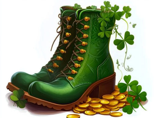 St. Patrick's Day, pot of gold coins, clover leaves, and green boot