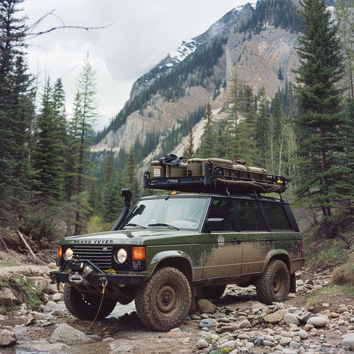 Vintage military Range Rover on rugged trail