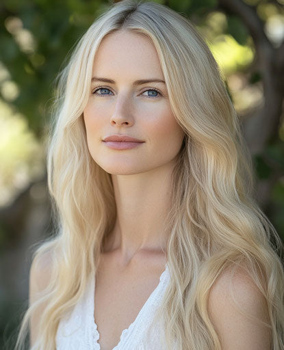 Attractive blonde woman with long wavy hair, blue eyes