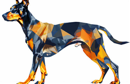 Doberman in front of white background, dark gold and dark blue style