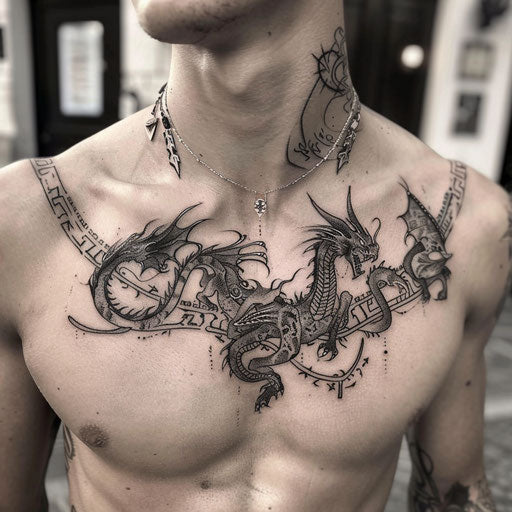 Detailed fantasy-themed collarbone tattoo with dragons & runes