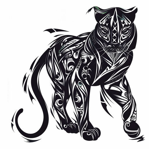Abstract black panther tattoo with tribal elements on white backdrop
