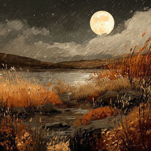 Dark sky with full moon and autumn grasses