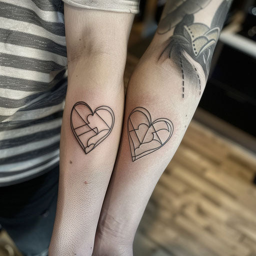 Friendship tattoos in the style of Ami James featuring minimalist heart halves