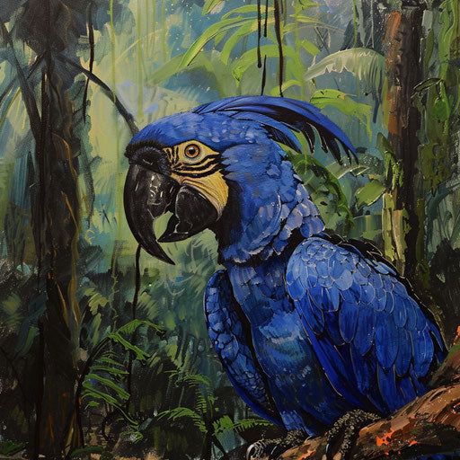 A Spix's macaw calling out, its beak open and eyes alert, a sound echoing through the forest, signaling the presence of this rare bird.