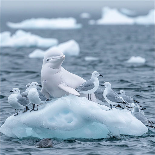 Beluga whale meeting sea birds on Arctic ice chunk