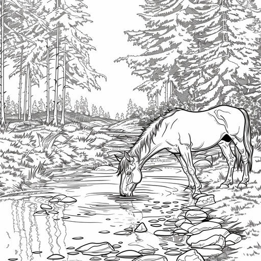 Pony drinking water from a clear stream in a forest.