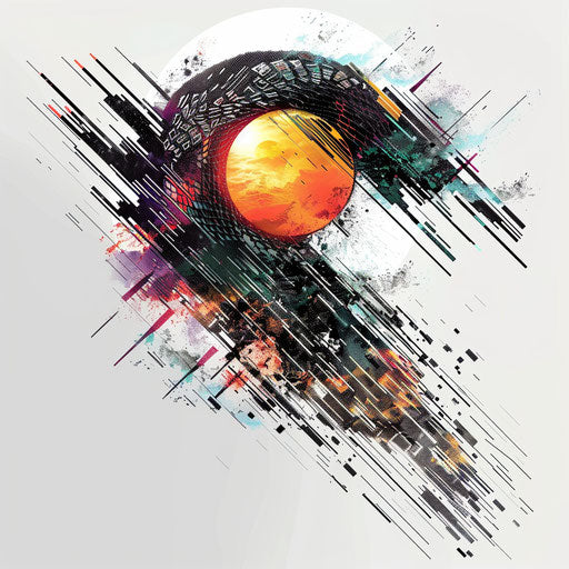 Modern tattoo sketch of a rising sun with burst of digital colors