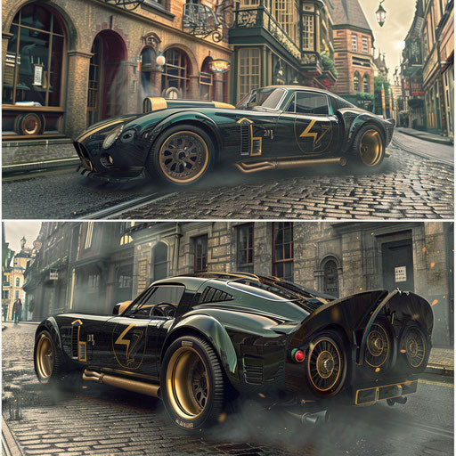 Steampunk-inspired Shelby Daytona with brass detailing and steam exhausts, cruising through an old Victorian city