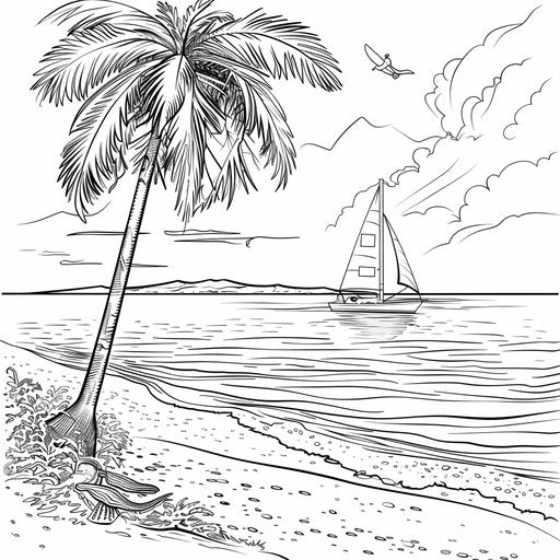 Beach scene with palm tree and sailboat in the distance
