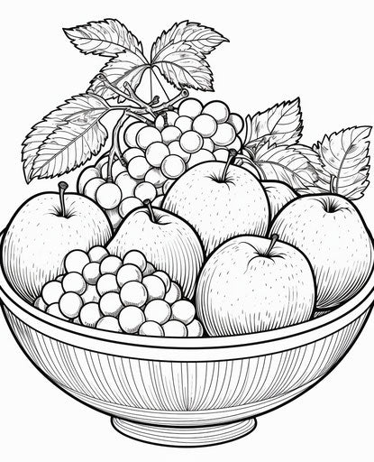 Fruit coloring page in bowl, contrasting style
