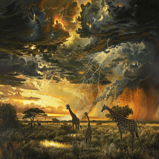 Dramatic thunderstorm over the savanna, giraffes navigating