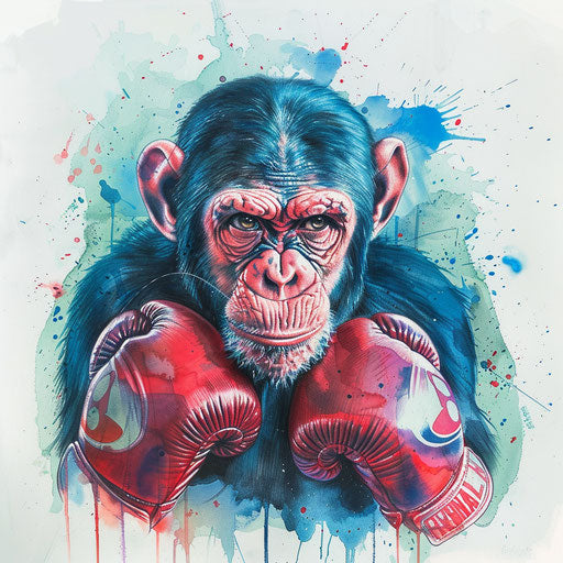 Monkey in boxing gloves with sports-themed tattoo red and blue on canvas