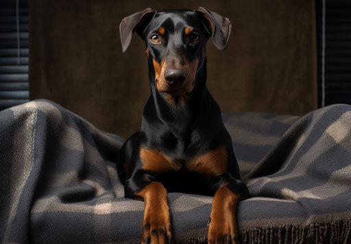 Black and tan Doberman standing on a couch with a blanket, high quality photo style