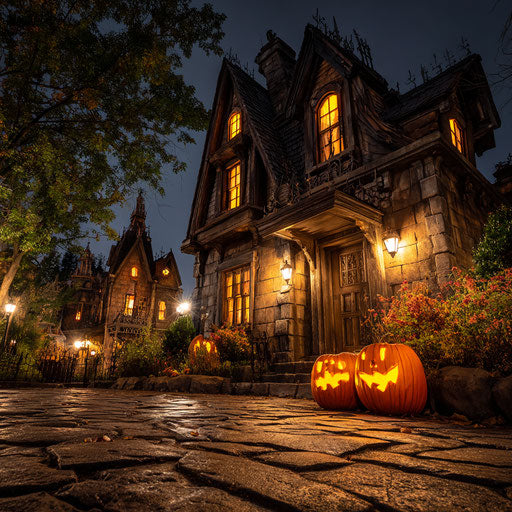 Haunted Gothic House with Glowing Pumpkins