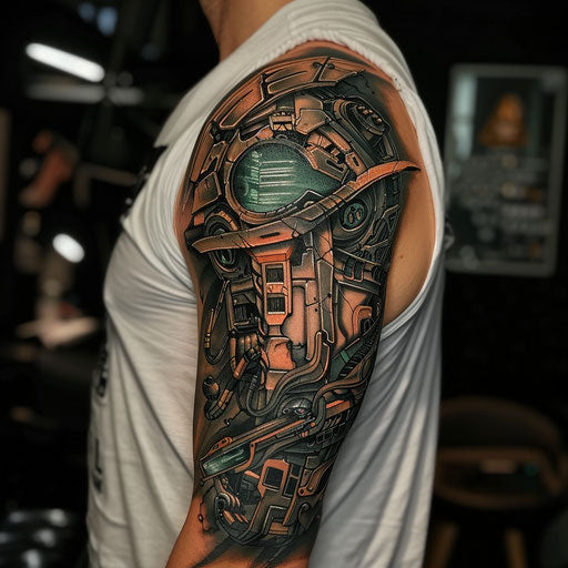 Sci-fi half sleeve tattoo with cybernetic elements