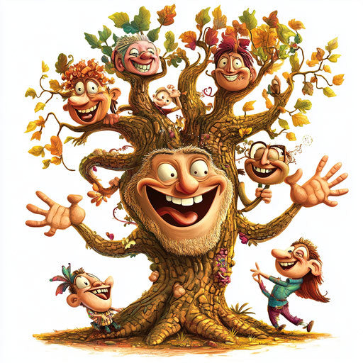 Humorous caricature of a family tree with human characteristics, exaggerated chin, dancing fingers, vibrant colors, cartoon style, laughing, high resolution