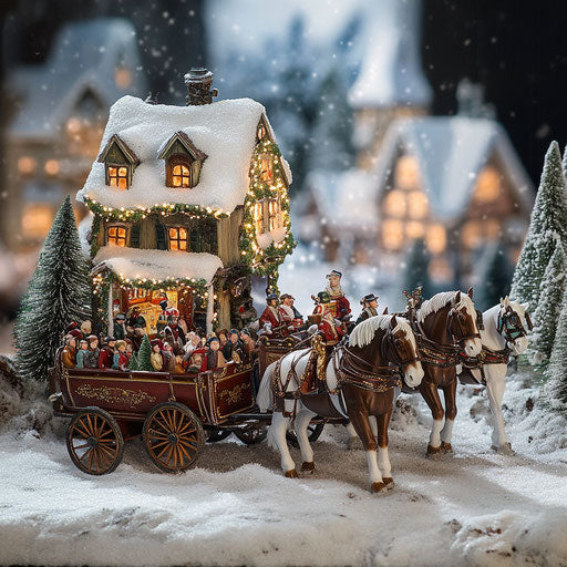Winter festival with Clydesdales pulling a beer wagon