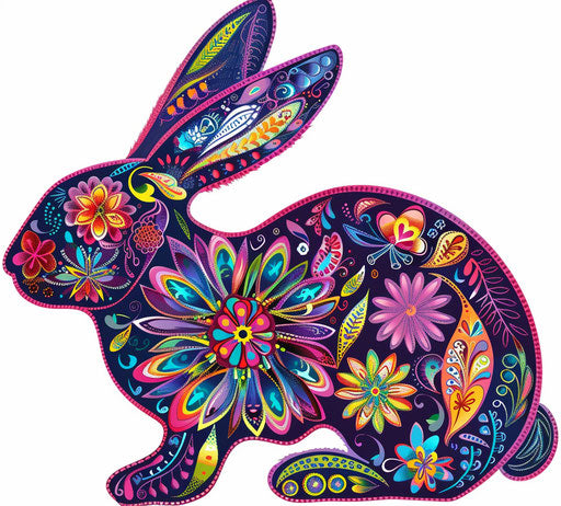 Bunny with colorful flowers in a linear pattern style