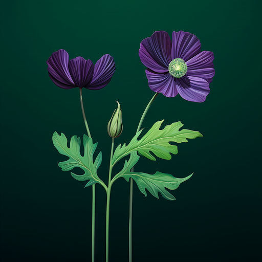 Two purple flowers on green background, natural materials style, paleocore