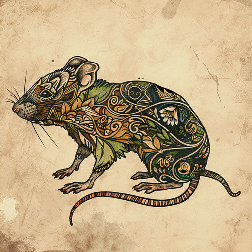 Rustic tattoo sketch of a rat with traditional folk art patterns, in earthy browns and greens