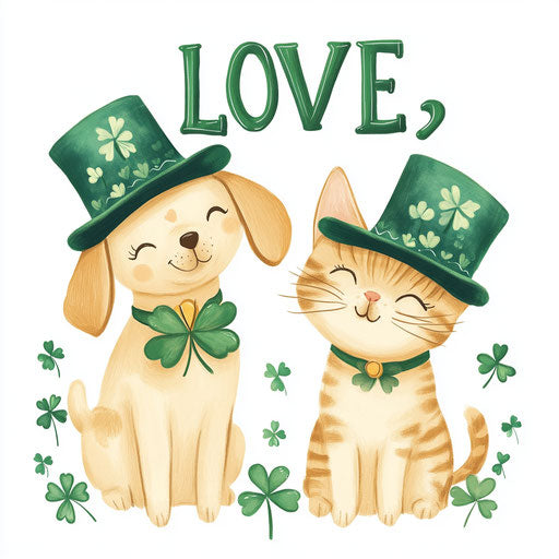 St. Patrick's Day, cute and happy Labrador Retriever dog and cat with green hats and 'LOVE'