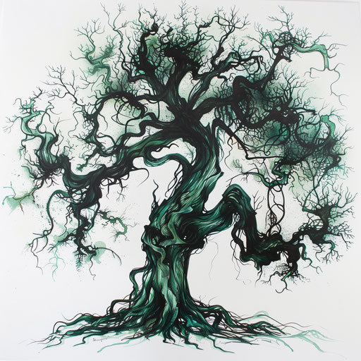 Gothic-style tree of life, twisting branches forming ghostly faces