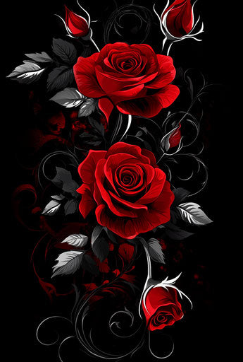 Red roses in vector art, dark fantasy style, black background