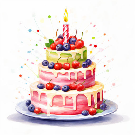 Birthday cake in Impressionistic Art style on white background
