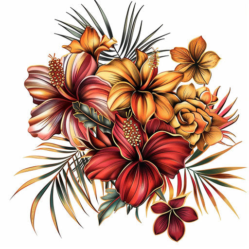 Exotic flat tattoo sketch bouquet with red and gold flowers