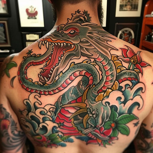 Oceanic creatures conceal tattoo in Sailor Jerry style