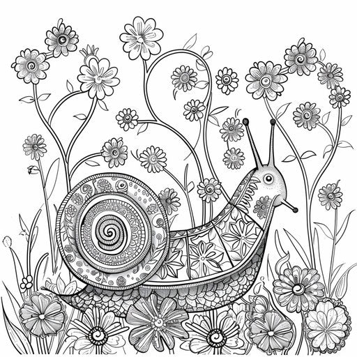 A whimsical snail with a floral-patterned shell in a garden.