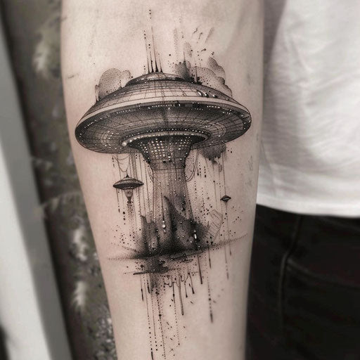 Surreal UFO tattoo on white backdrop