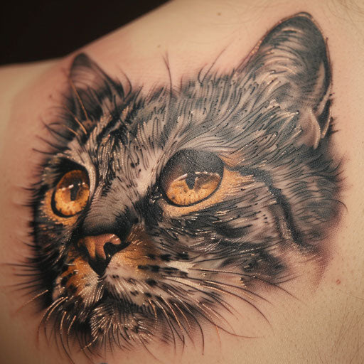 Realism tattoos of a cat's piercing eyes on the shoulder blade