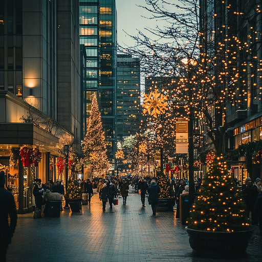 City street busy with Christmas shopping, festive decorations